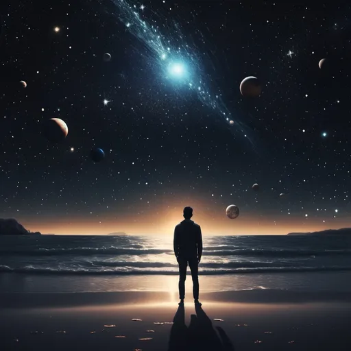 Prompt: an image of a man by the shores of a beach overlooking a sky full of stars and the planets. make it look ai generated and let it be drawn by stars on a black background. put enough space element.