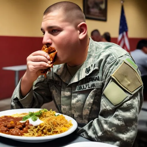 Prompt: a united states military person eating mexican food