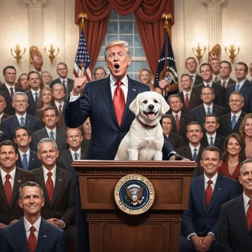 Prompt: (dog representing US President), White House backdrop, giving speech, formal stance, audience reactions, using podium, wearing (presidential suit), dramatic lighting, warm colors, expressive excitement in the crowd, political atmosphere, humorous representation, ultra-detailed, photorealistic, cinematic quality, vibrant mid-afternoon setting.