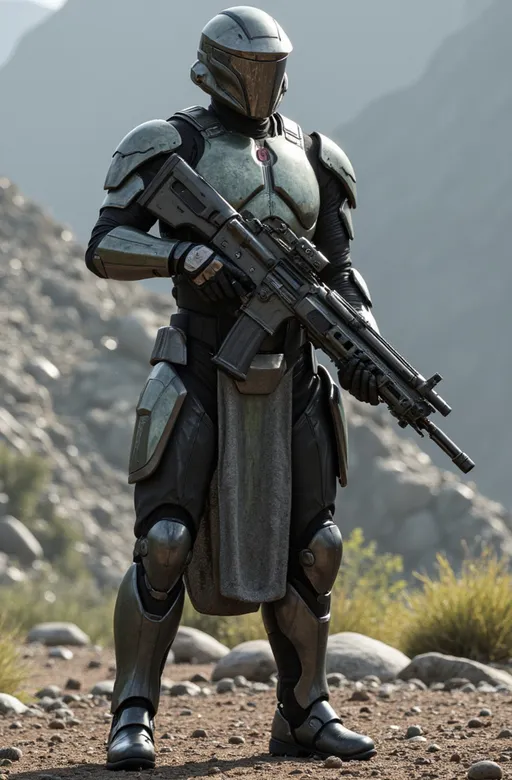 Prompt: Camouflage armor, pockets on the armor, machine gun mounted on the shoulder on a mechanical turret 