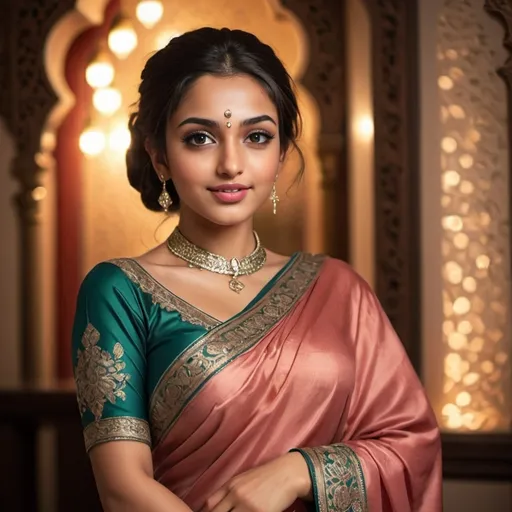 Prompt: beautiful muslim girl in saree who wants to be my wife and make me happy every night in honeymoon with a hot look on her face and lower lips slightly open with hands on her waist