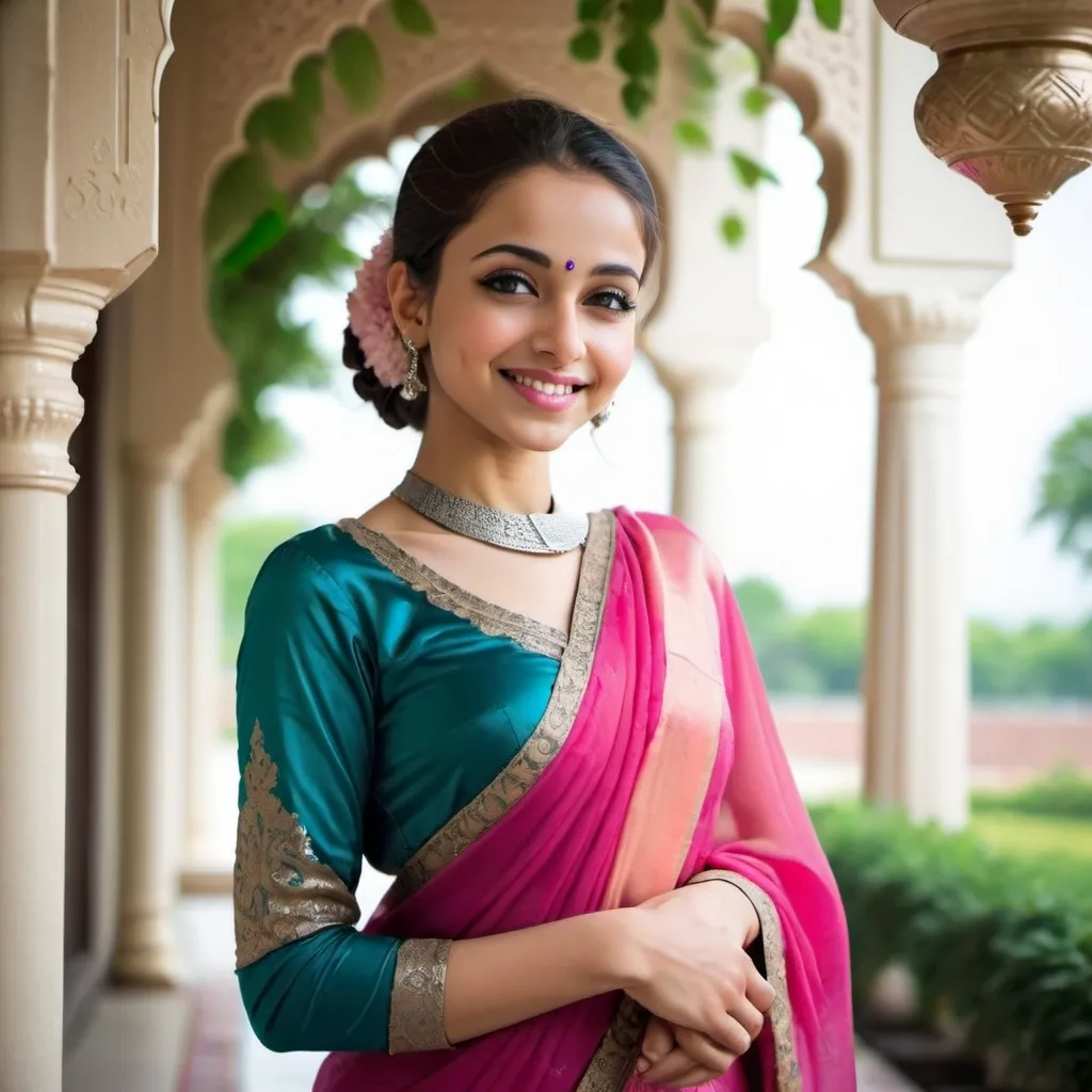 Prompt: "A beautiful Muslim girl wearing an elegant saree, standing gracefully in a picturesque setting, her serene expression and gentle smile reflecting her inner peace and confidence."