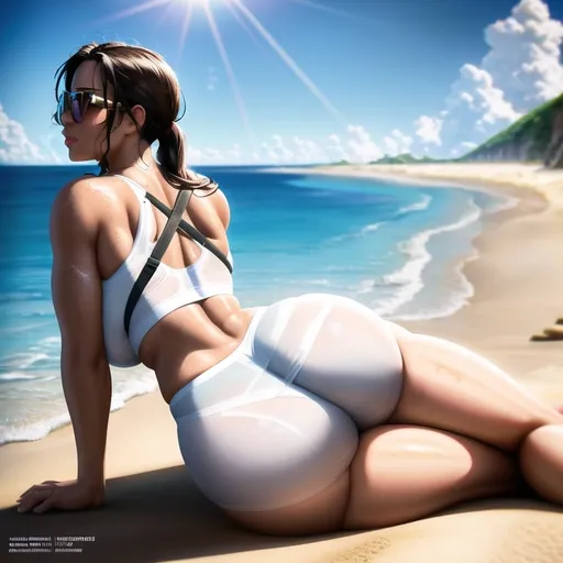 Prompt: Photorealistic illustration of Lara Croft in a white swimsuit, thicc posterior facing, facing away, beach setting, high quality, photorealism, detailed anatomy, beach landscape, sunny lighting, realistic textures, professional, vibrant colors, realistic water, realistic sand, realistic vegetation, game-minecraft style, highres, detailed, professional, realistic, sunny, beach, photorealistic, vibrant, picturesque