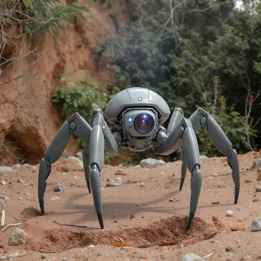 Prompt: wygeneruj robota z tego tekstu:

Te roboty, to teraz bardzo dziwne budują. Ten chodził na wielu nogach jak pająk jakiś. Ale odwłoka nie miał. Sama kamera na takich nogach. Ta kamera wszystko widziała, bo bez końca mu się obracała. Jak na mnie zooma zrobił, to aż mnie ciarki przeszły!
