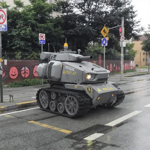 Prompt: wygeneruj robota z tego tekstu:

Przejeżdżał koło mnie taki jeden... mówię przejeżdżał, bo on nie miał nóg, tylko gąsienice. Takie wiesz... jak czołg. Niski był. To chyba robot patrolujący. Jeździł w kółko i tylko skanował w koło tymi swoimi kamerami. To było stresujące, ale na szczęście mnie nie zauważył. Dobrze się ukryłem.


