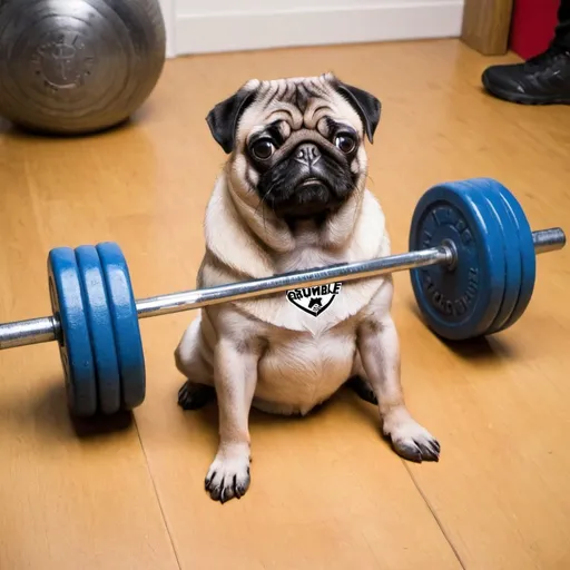 Prompt: Pug weights, with logo "The Grumble"