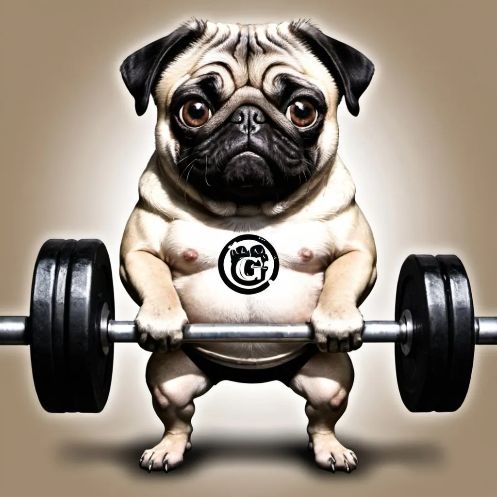 Prompt: Pug lifting weights, with logo "The Grumble"