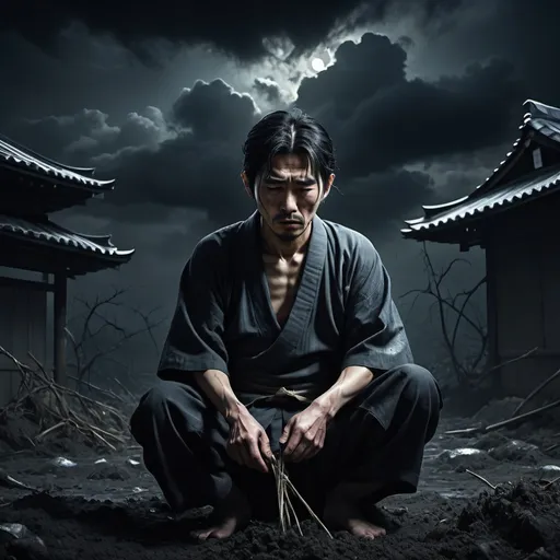 Prompt: A Japanese man "reaping what he sowed" no not a man actually farming the quote "you reap what you sow" is basically you do evil expect the same amount of evil back or a rest of your life suffering 