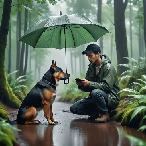 Prompt: A man working in a rainy forest, (focused expression), beautiful dog by his side, lush greenery around, (soft raindrops falling), (misty atmosphere), muted colors, (natural lighting), (highly detailed), tranquil setting, dedicated bond between man and dog, engaging activity, serene and cozy ambiance, subtle reflections on wet ground, (4K quality).