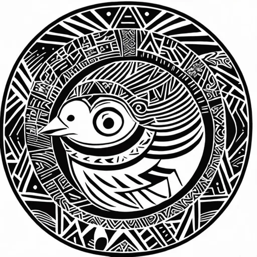Prompt: circular tribal engraving style black and white of a piwakawaka bird
