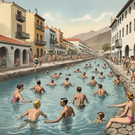 Prompt: 10 PEOPLE SWIMMING IN AN OLD TOWN IN TENERIFE,hand-colored vintage English engraving circa 20th century,colorful,romanticism,full body