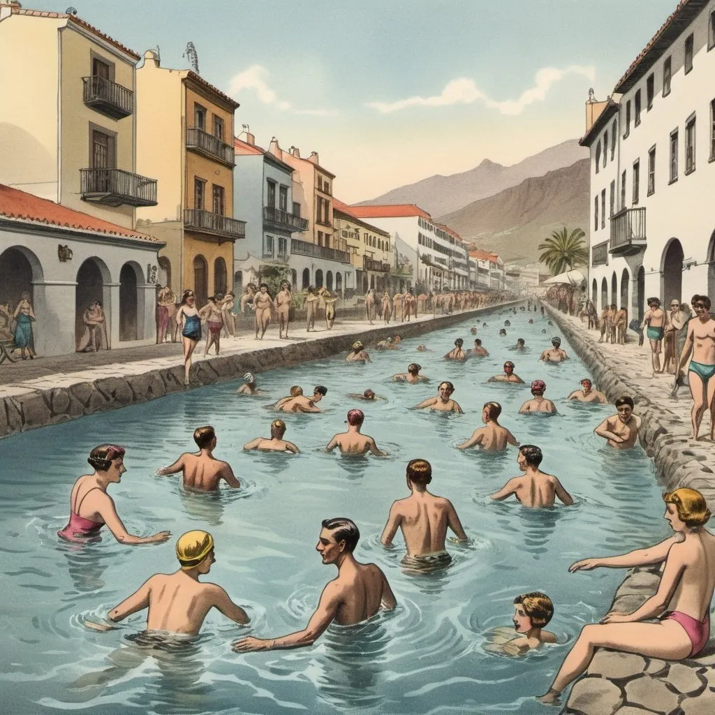 Prompt: 10 PEOPLE SWIMMING IN AN OLD TOWN IN TENERIFE,hand-colored vintage English engraving circa 20th century,colorful,romanticism,full body