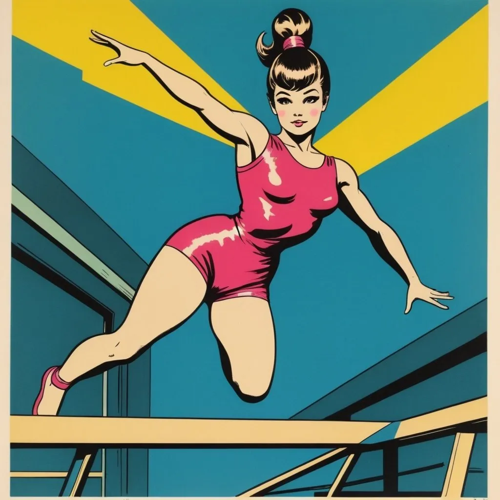 Prompt: Silk screen comic book illustration, girl doing sportive gymnastics, 1960s retro futurism