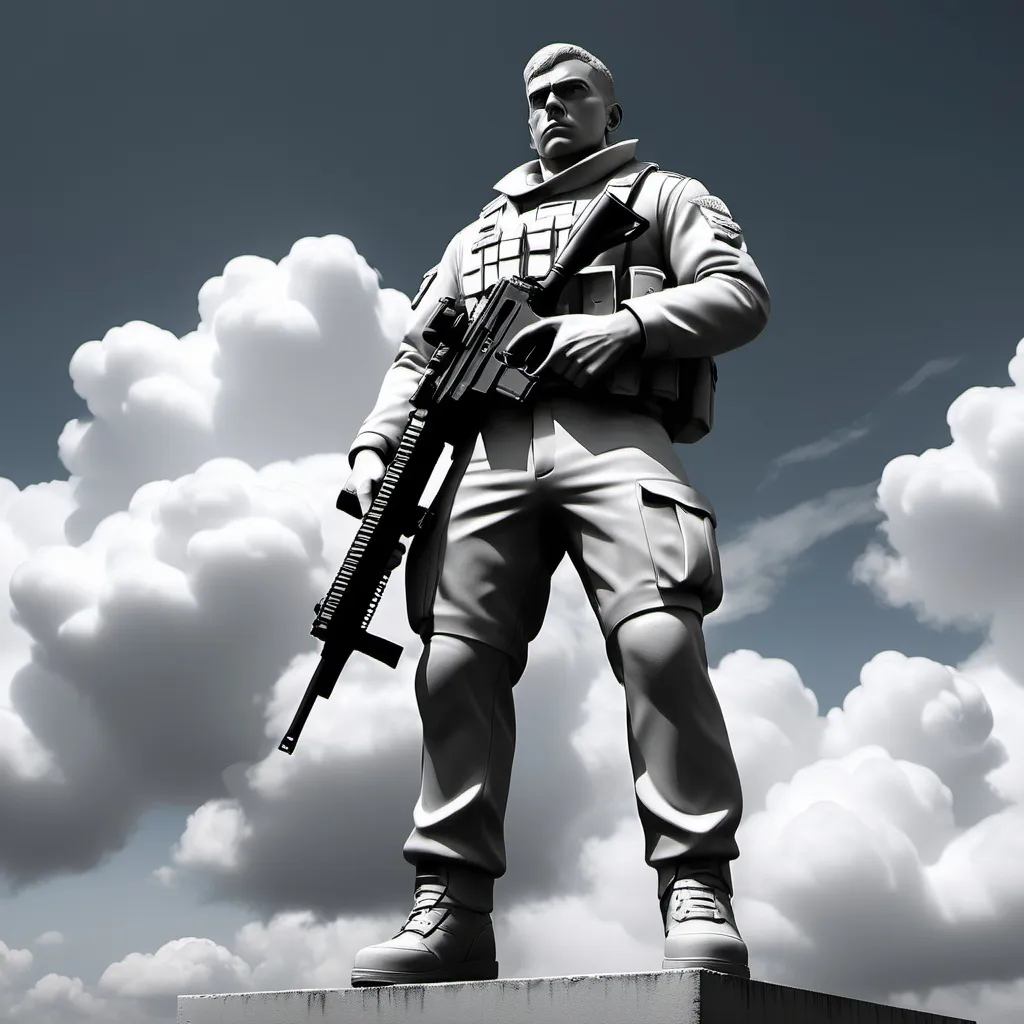 Prompt: a soldier is stand with pride  with a gun in his hand and a gun in his other hand, in front of a cloudy sky, Carlos Trillo Name, concrete art, heroic pose, an ambient occlusion render