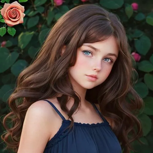 Prompt:  a nice girl with brown hair and dark blue eyes they or in 6 grade a rose in here hair with an other persen in 6 grade