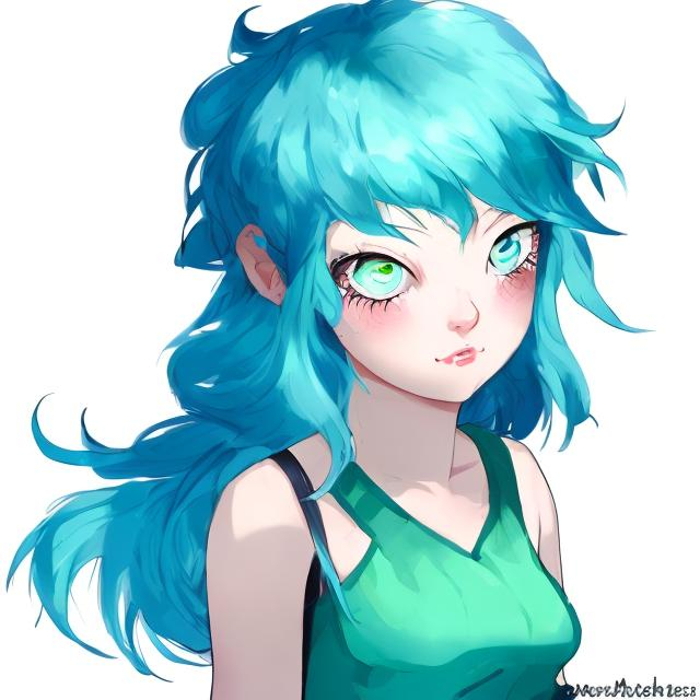 Prompt: a blue hair girl with green eyes she is nice and mean sumtimes