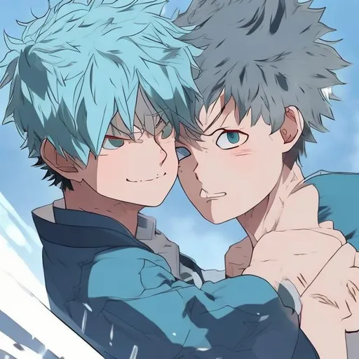 Prompt: leo a boy with light blue hear mha sad Dating bakugou and todoroki with red eays