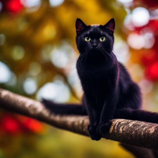 Prompt: a cute black cat on a tree with red eyes