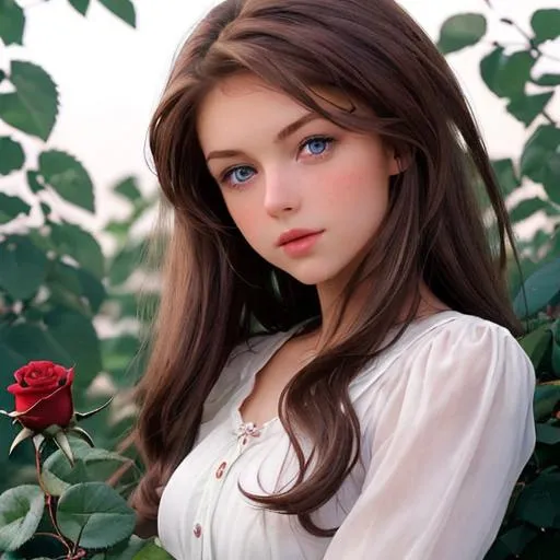 Prompt:  a nice girl with brown hair and dark blue eyes they or in 6 grade a rose in here hair 