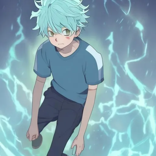 Prompt: leo a boy with light blue hear mha sad and mad 