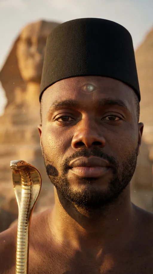 Prompt: A photorealistic cinematic close-up portrait, framed from upper chest to just above the head, captured like a movie still.

Details: Focus on the man’s bearded face, natural skin texture, pores, subtle imperfections. Expression is calm, confident, and peaceful. The third eye marking is extremely subtle—barely luminous, symbolic rather than supernatural.

Headpiece: Same matte black fez with realistic fabric texture.

Accessory Detail: The upper section of the golden snake staff appears near his shoulder. The serpent’s head is visible, its polished gold surface reflecting warm sunlight with believable highlights and shadows.

Lighting: Authentic golden hour lighting. Warm sunlight grazing across facial structure, creating realistic contrast and depth. Gold reflections subtly illuminate the jawline and cheekbones.

Aura: No obvious aura. Only natural atmospheric light, dust particles, and gentle color separation from the environment.

Background: The Sphinx and sky softly out of focus, cinematic depth of field, warm desert haze.

Color & Mood: Natural gold reflections, warm skin tones, black fabric contrast. Grounded, serene, powerful.

Rules: No text. No typography. No exaggerated glow. No fantasy lighting. Ultra-realistic, film-quality portrait.