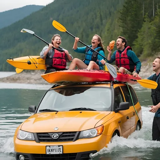 Prompt: happy group of people around car with kayaks on top, eating food and laughing