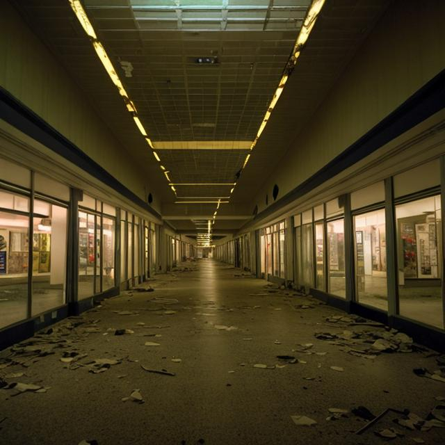 Prompt: abandoned mall at night, abandoned stores, 1996, dark/natural lighting, long hallway