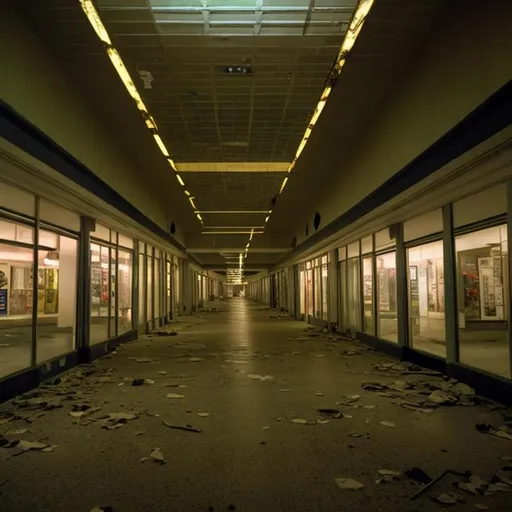 Prompt: abandoned mall at night, abandoned stores, 1996, dark/natural lighting, long hallway