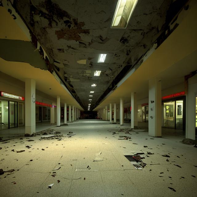 Prompt: abandoned mall at night, abandoned stores, 1996, dark/natural lighting, long hallway