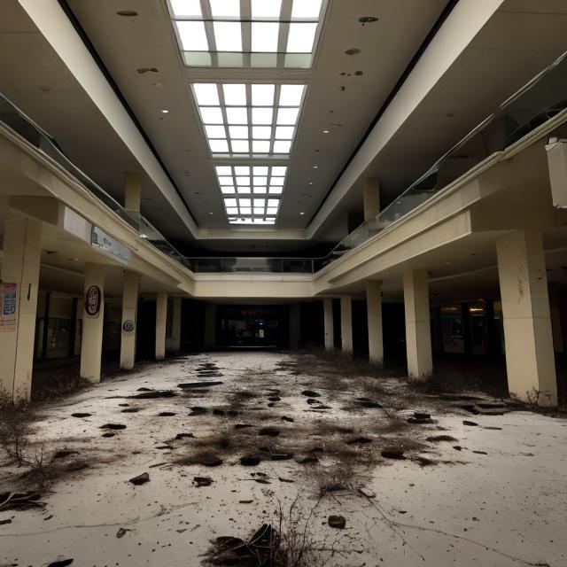 Prompt: an abandoned 3-story liminal mall, nighttime, found footage, natural lighting, film grain