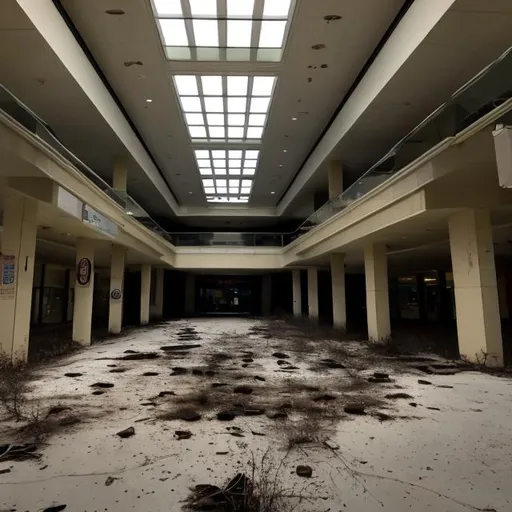 Prompt: an abandoned 3-story liminal mall, nighttime, found footage, natural lighting, film grain