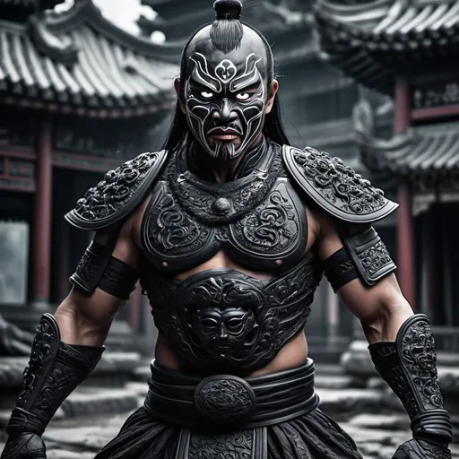 Prompt: (Ultra detailed) evil asian martial artist,black ornate mask no horns, muscles, black breast plate, black armor,(black clay skin) (haunting and eerie details) surreal and magical scene, chaos background, giant asian structures.