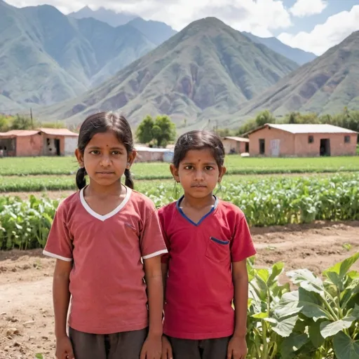 Prompt: Young Indian children in Mexico. There are mountains behind them and they are in a valley with crops growing around them. 