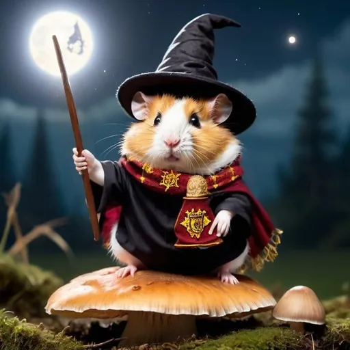 Prompt: hamster with wizard hat, brown magic wand with sparkle on top, stripped harry potter gryffindor scarf on a mushroom in the moonlight