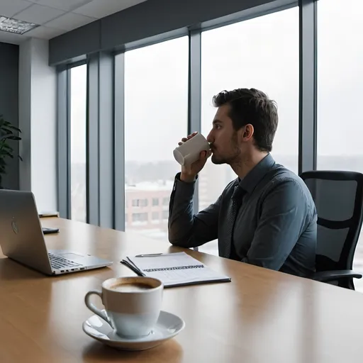 Prompt: person looking far and drinking coffee inside the office
