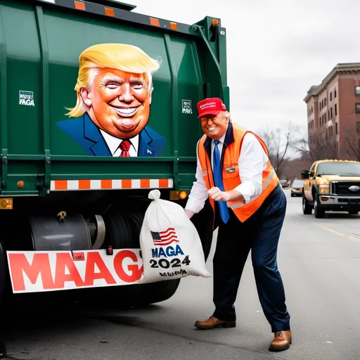 Prompt: Donald trump as a happy garbageman loading garbage into a city garbage truck with a sign on the side that says MAGA 2024