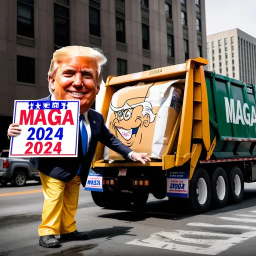 Prompt: Donald trump as a happy garbageman loading garbage into a city garbage truck with a sign on the side that says MAGA 2024