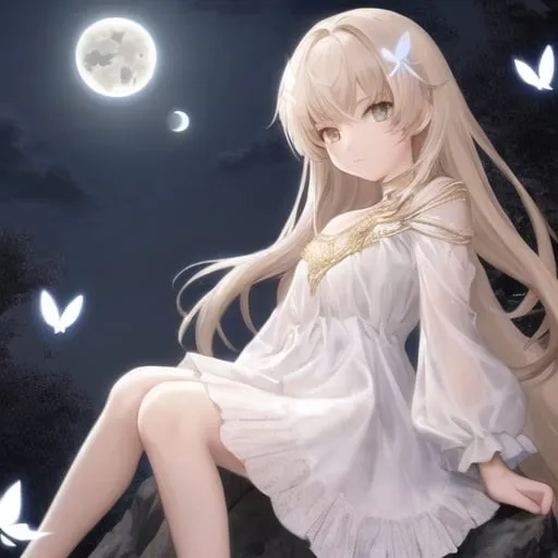 Prompt: Girl sitting on a cliff at night looking at the moon with white butterflies around her and in a white dress with gold details 