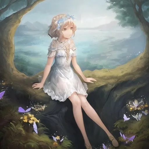 Prompt: Girl sitting on a cliff with butterflies around her and in a fancy white dress 