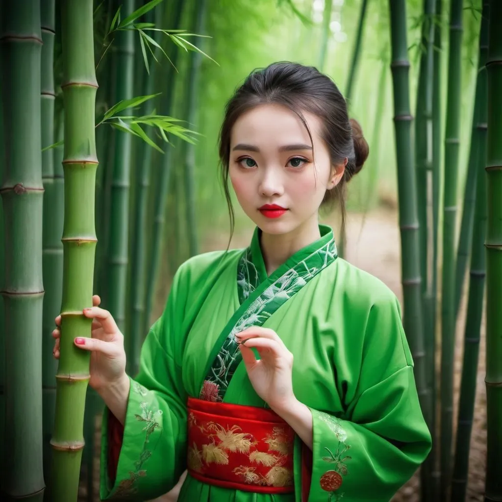 Girl in a bamboo forest in a traditional green Chine...