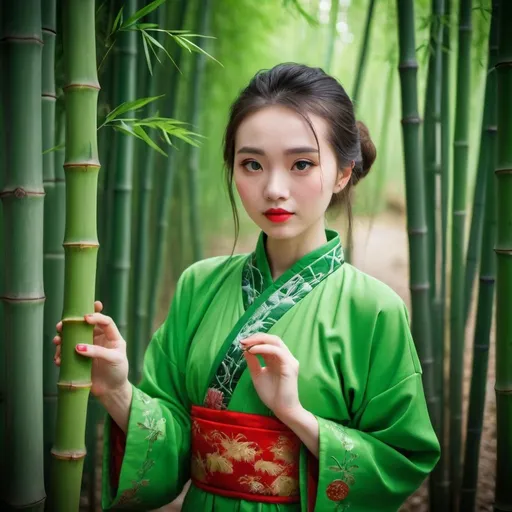 Prompt: Girl in a bamboo forest in a traditional green Chinese dress 