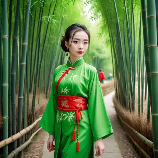 Prompt: Girl in a bamboo forest in a traditional green Chinese dress 