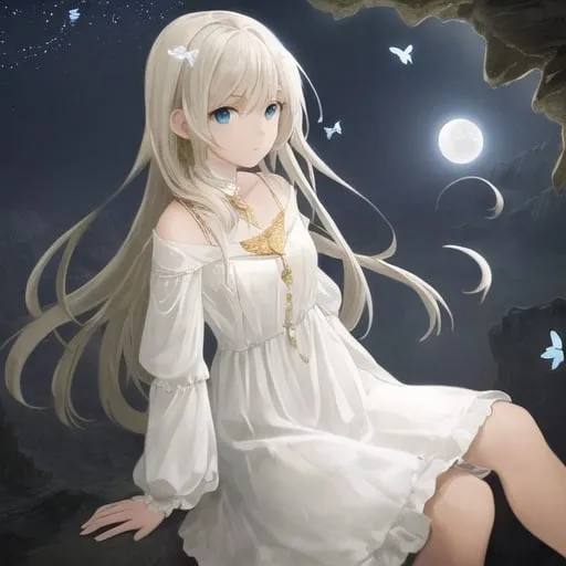 Prompt: Girl sitting on a cliff at night looking at the moon with white butterflies around her and in a white dress with gold details 