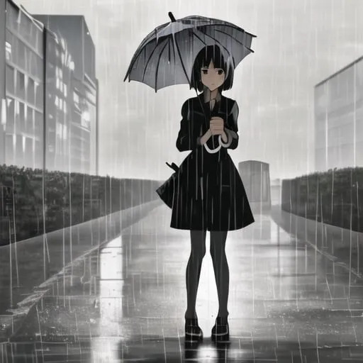 Prompt: Girl standing in the rain with a paper umbrella 