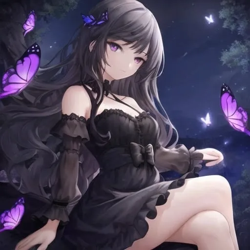 Prompt: Girl sitting on a cliff at night with butterflies around her and in a black dress with purple eyes 