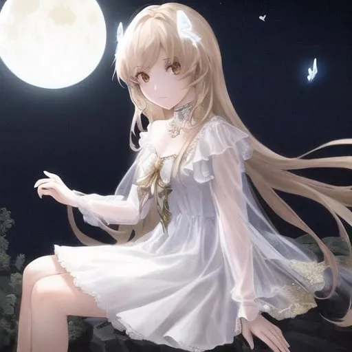 Prompt: Girl sitting on a cliff at night looking at the moon with white butterflies around her and in a white dress with gold details 