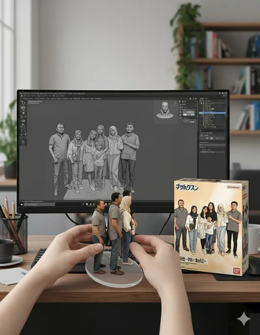 Prompt: Two hands gently pick up the figure in the frame and rotate it slightly for inspection. The model on the computer screen and the model printed on the packaging box remain stationary, while all other background elements stay unchanged