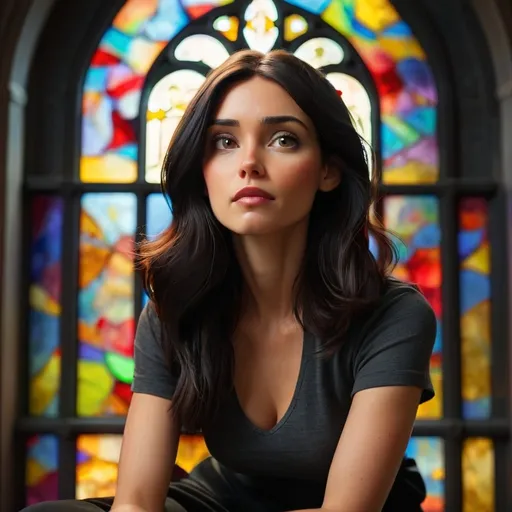 Prompt: Dark hair woman sitting in front of stained glass window