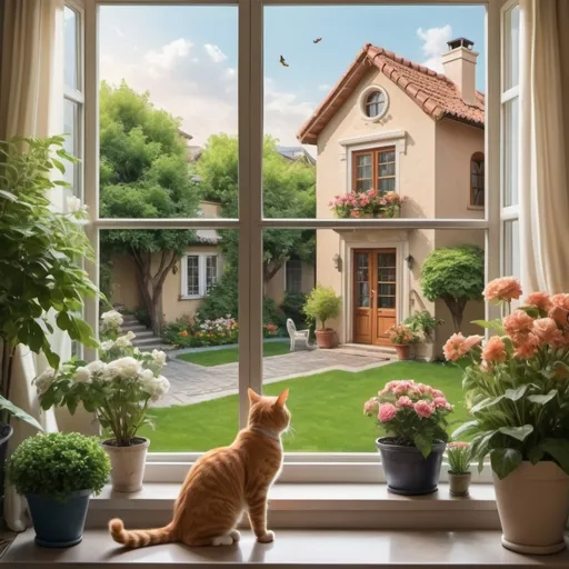 Prompt: a cat that is sitting on a window of a luxurious living room
outside the window there is a green garden, with flowers and some small trees, there is a street in a high quality city, and two cars
in the garden there is a hose and a dog's house