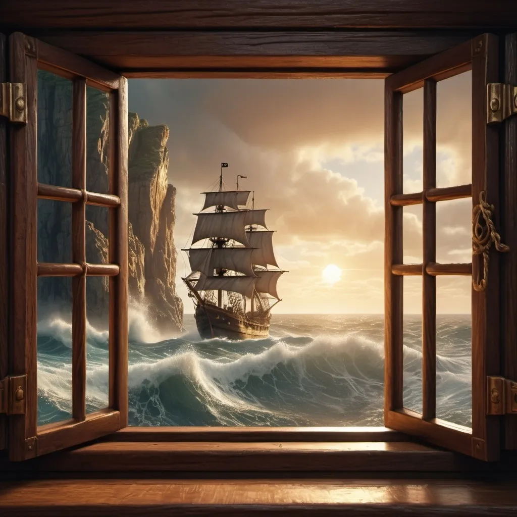 Prompt: View from a wooden window directly on the sea, pirates' ship sailing, huge cliff in the background, epic lighting, dramatic sky, highly detailed water with crashing waves, realistic wood grain texture, slight vintage tone, golden hour lighting, mist around the cliff, adventurous atmosphere, hyper-realistic, 4K, ultra-detailed rendering.